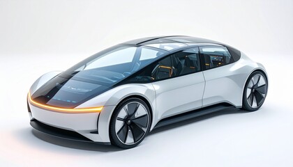 Fototapeta premium Futuristic concept electric car with sleek glass roof and glowing headlights isolated on white background advanced technology transport design 