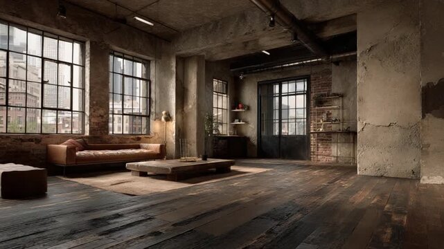 Urban Loft Interior: A spacious, inviting urban loft interior. Large windows frame a city view, and exposed brick walls add character to this open-plan living space, with rustic wooden floors.