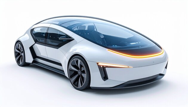 Futuristic concept electric car with sleek glass roof and glowing headlights isolated on white background advanced technology transport design
 - Powered by Adobe