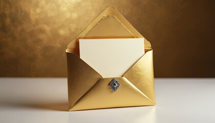Luxurious open golden envelope with blank card inside. Elegant paper offers elegant communication, business correspondence, invitation. Metallic finish catches light, luxury, exclusivity, special
