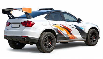 Rally car with sporty decals large spoiler and mud tires isolated on white background high speed motorsport automobile
