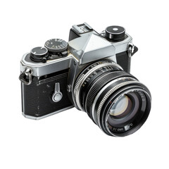 Fototapeta premium Vintage film camera, metallic, black and silver