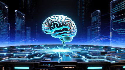 Obraz premium Artificial Intelligence and the Future A Cyberpunk Brain in a Futuristic City