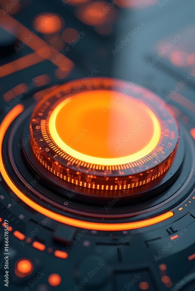 Poster abstract technological dial glows with vibrant orange illumination, vertical composition. its intric