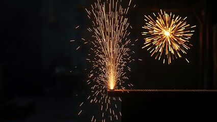 An industrial workshop with glowing sparks, showcasing dynamic energy in a dark environment.