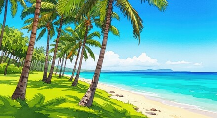 Obraz premium Tropical beach with palm trees, turquoise water, and a clear blue sky on a sunny day.