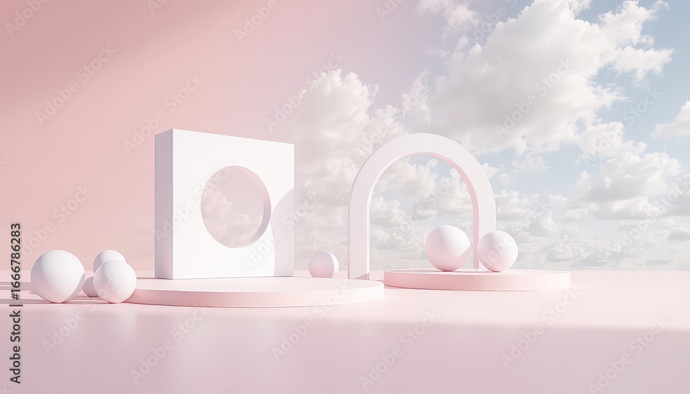Aufkleber minimalistic design featuring geometric shapes in soft colors, creating a serene and dreamlike atmos