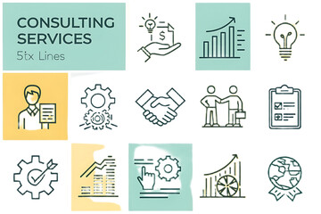 Fototapeta premium Consulting services icons with business growth and success symbols in a graphic design layout