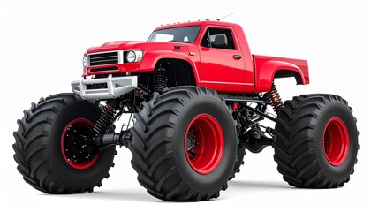 Obraz premium Monster truck in bright red with giant wheels lifted suspension and aggressive body isolated on white background motorsport entertainment vehicle 