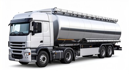 Large tanker truck in stainless steel finish with cylindrical tank body isolated on white background liquid fuel transport vehicle
