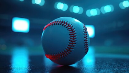 Close-up of baseball with red stitching on wet surface under stadium lights. Sport equipment for pro baseball game, practice or training. Dramatic blue and neon lighting.