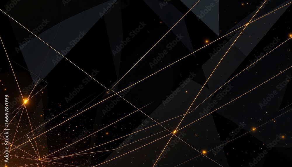 Aufkleber abstract dark background with geometric shapes, golden lines, and sparkling particles creating a sen