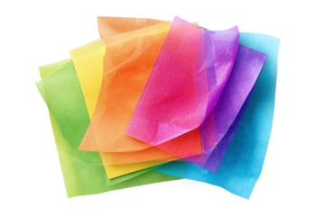 Stack of vibrant rainbow tissue paper sheets, isolated on white transparent background