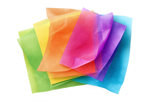 Stack of vibrant rainbow tissue paper sheets, isolated on white transparent background
