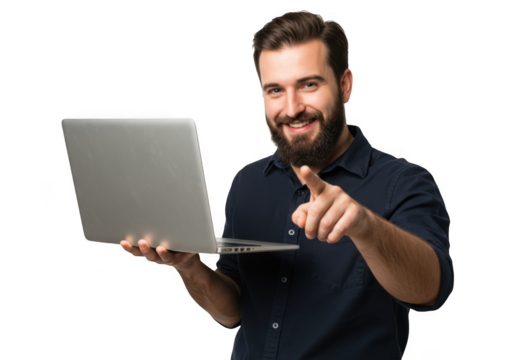 Man with laptop pointing forward isolated on transparent background