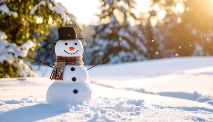 Snowy Winter Scene with Cheerful Snowman.