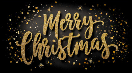 Glittering gold lettering spells out Merry Christmas against a dark background, adorned with sparkling stars and festive dots, creating a joyful holiday atmosphere