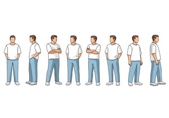 Fototapeta premium Male Figure Variations in Different Poses, Light Blue Pants, White T-Shirt.
