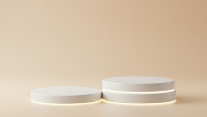 Minimalist White Podium Display with Glowing Lights on Beige Background