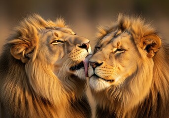 Majestic lion pair whispering affectionate moments in golden sunlight close up