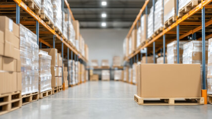 Fototapeta premium Efficient supply chain management drives digital transformation in modern warehouses filled with organized boxes