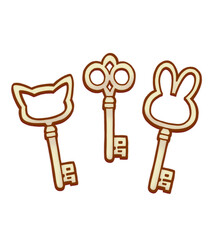 Hand-Drawn Illustration of Three Keys – Cat Key, Rabbit Key, and Classic Key in Gold, Fairy Tale Style