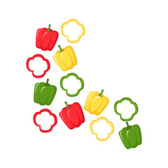 Assortment of whole and sliced bell peppers in red yellow and green arranged in a decorative pattern