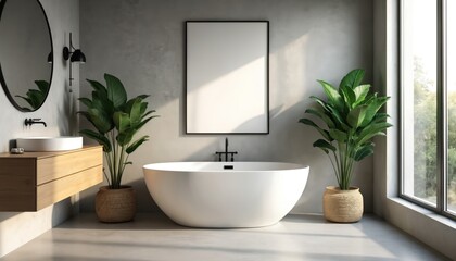 Fototapeta premium Minimalist bathroom interior with freestanding bathtub, wooden vanity, round mirror, green plants. Blank frame on textured concrete wall. Natural light streams through large window, creating serene