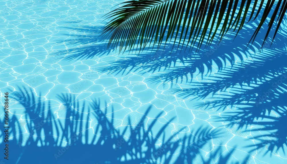 Poster palm frond shadows dance on a sparkling pool surface, creating a tranquil scene evoking thoughts of 