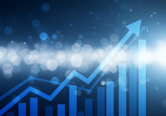 Blue financial graph with rising arrow and bokeh background