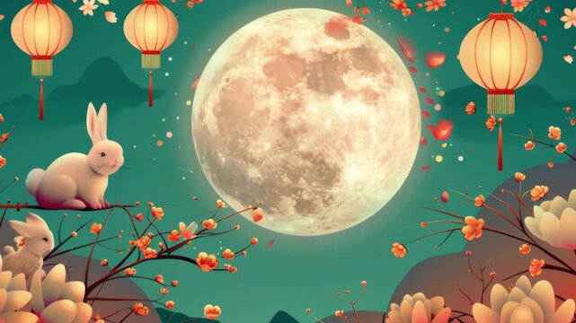 Moon festival scene with full moon, rabbit, lanterns, cherry blossoms and birds