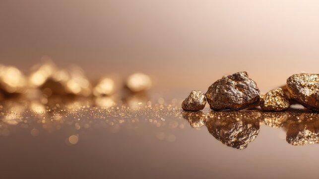 Golden Nuggets on Reflective Surface with Bokeh