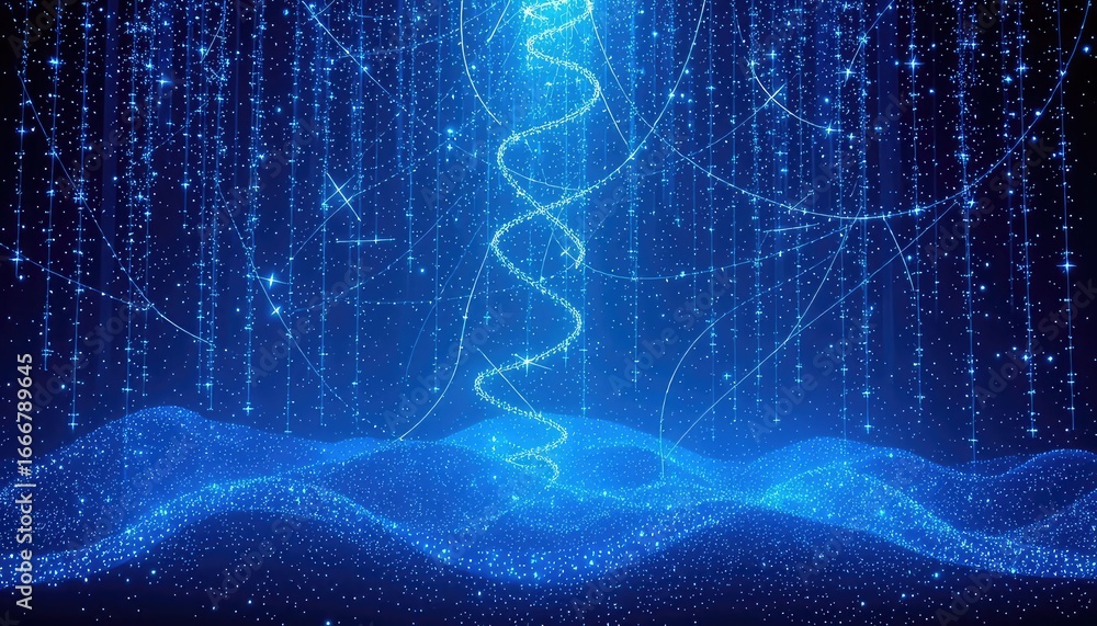 Poster abstract luminous blue landscape with flowing lines, sparkling particle effects, and digital data re