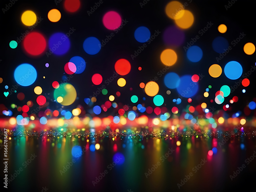 Poster festive background with colorful bokeh lights and glitter reflection on a dark floor.
