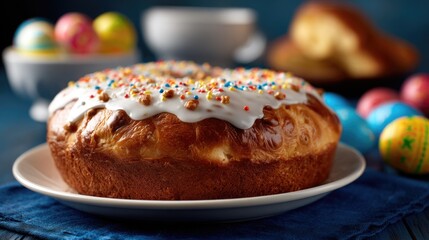 Ukrainian Easter bread (paska), golden brown and tall, glazed with white icing and colorful sprinkles