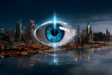 Surveillance and CCTV Security Concept With Futuristic Eye Design Over a City Skyline at Night, Enhancing Safety and Monitoring Technology