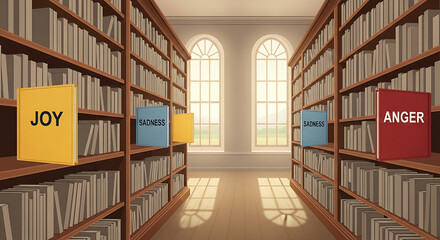Vibrant emotion books yellow JOY blue SADNESS red ANGER standing upright some with open pages.