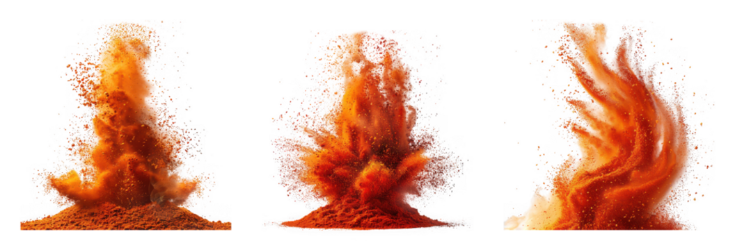 Three dynamic explosions of red and orange powder or spice isolated on a transparent background, representing energy and motion