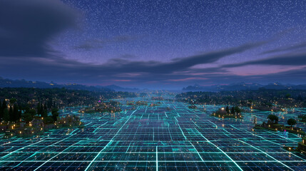 A vast, empty digital grid representing metaverse land, with structures appearing on claimed lots.