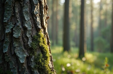 Obraz premium Close-up textured bark of spruce tree. Rough, cracked surface with moss growth. Shallow depth of field with blurred forest background. Natural organic material in brown tones.