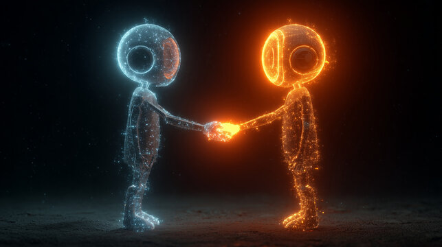 A digital handshake between two glowing avatars, symbolizing the automatic execution of a smart contract. - Powered by Adobe