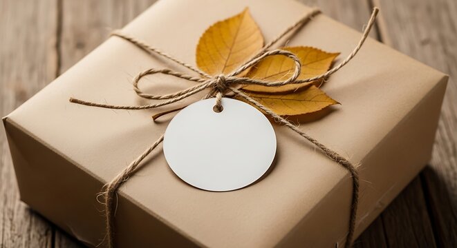 Beautifully wrapped gift box tied with twine and autumn leaf accent with blank tag