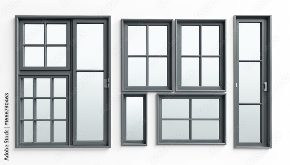 Poster collection of modern grey window frames with multiple panes. features classic sash design, sliding d