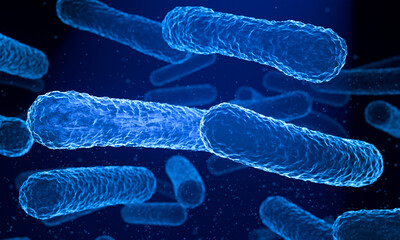 Close up blue fluorescent bacteria or virus under a microscope. Pathogens, bacterial infection, microscopic representation, microbiology, disease, contagious. Model, 3D illustration