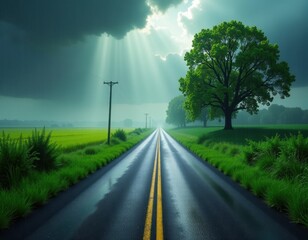 Fototapeta premium Dramatic Sun Rays Over Wet Country Road After Rain