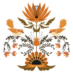 Elegant folk composition of autumn flowers with birds in a rustic country style