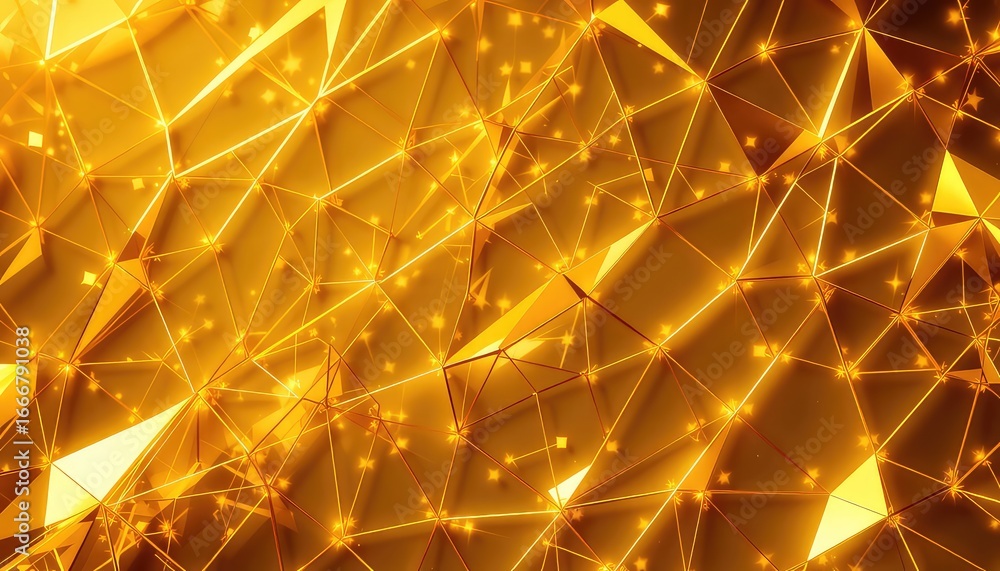 Poster golden interconnected network of triangles and glowing particles, a modern luxurious abstract backgr