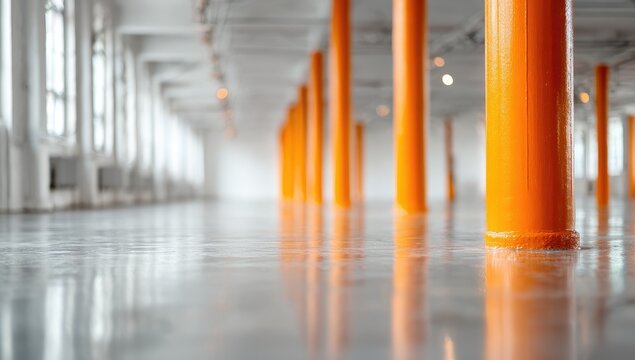Empty industrial space with orange pillars - Powered by Adobe