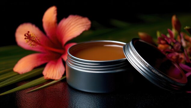 A tin container of amber-colored balm, nestled amongst tropical flora