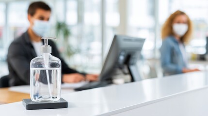 Hand Sanitizer Dispenser on Counter with Masked People in Background